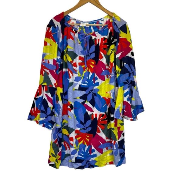 Anne Cole Floral Bell Sleeve Cover Up tunic blue - XS/S - Picture 3 of 12
